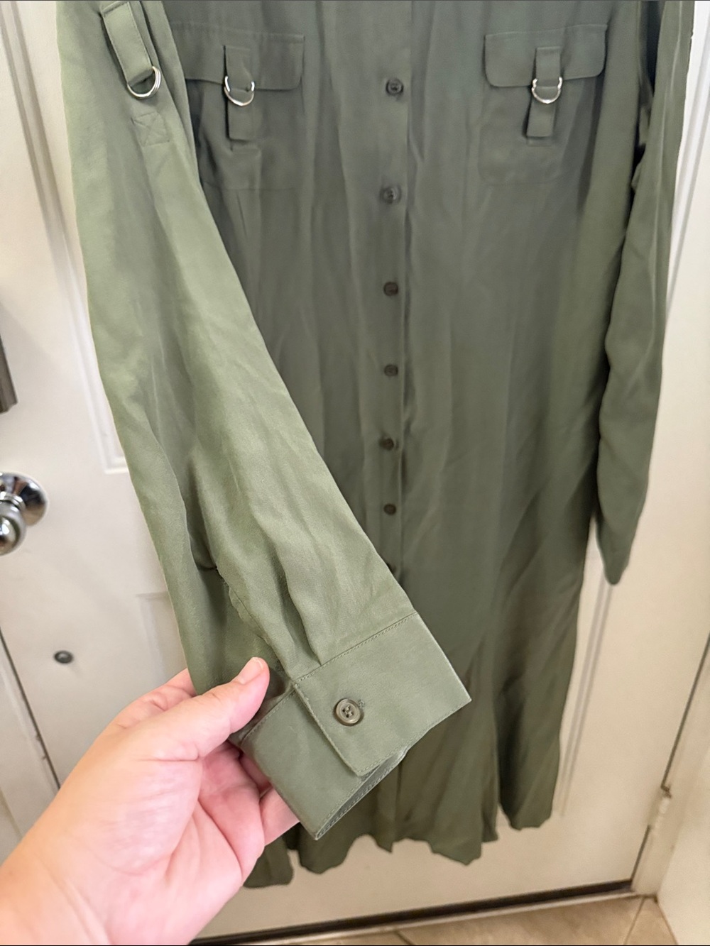 Spiegel Olive Green Maxi Shirt Dress- 100% silk - Picture 6 of 9